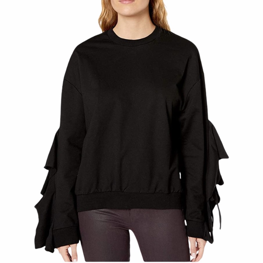 NEW J.O.A. Womens Ruffle Tie Sleeve Casual Sweatshirt in Black Size XS